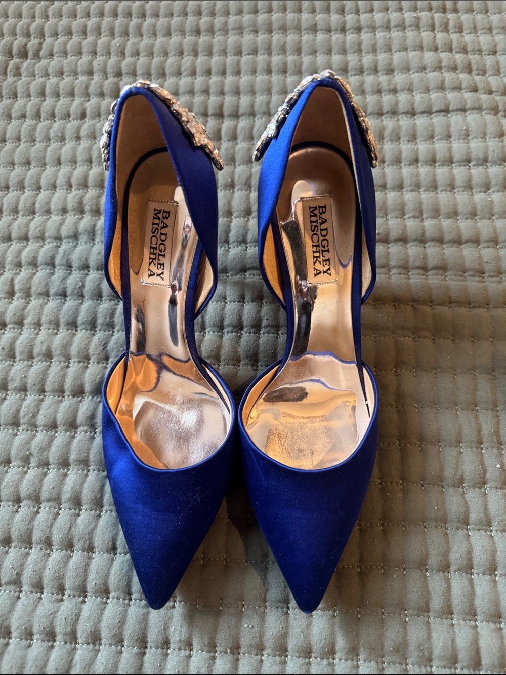 Badgley Mischka Cobalt Blue Satin Pointed-Toe Embellished Pumps